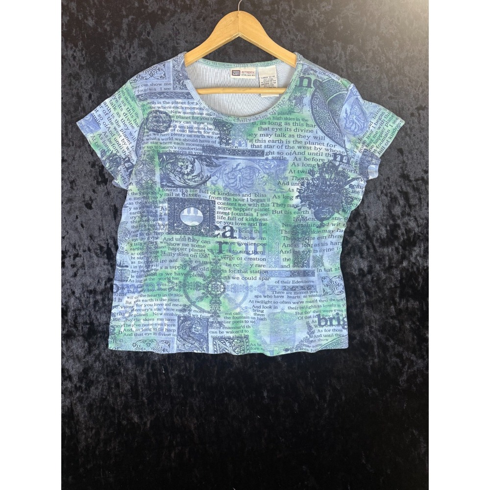Faded Glory Short Sleeve T-shirt Women's L Blue Cropped‎ Graphic Ephemera Print